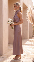 Women's Two Piece Set | Satin High Neck Top Draped Maxi Skirt Co-ord