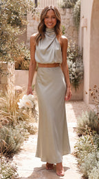 Women's Two Piece Set | Satin High Neck Top Draped Maxi Skirt Co-ord