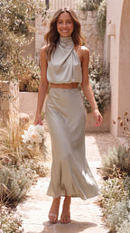 Women's Two Piece Set | Satin High Neck Top Draped Maxi Skirt Co-ord