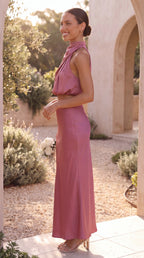 Women's Two Piece Set | Satin High Neck Top Draped Maxi Skirt Co-ord