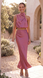 Women's Two Piece Set | Satin High Neck Top Draped Maxi Skirt Co-ord