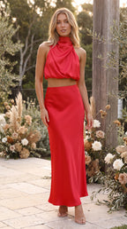 Women's Two Piece Set | Satin High Neck Top Draped Maxi Skirt Co-ord
