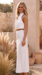 Women's Two Piece Set | Satin High Neck Top Draped Maxi Skirt Co-ord
