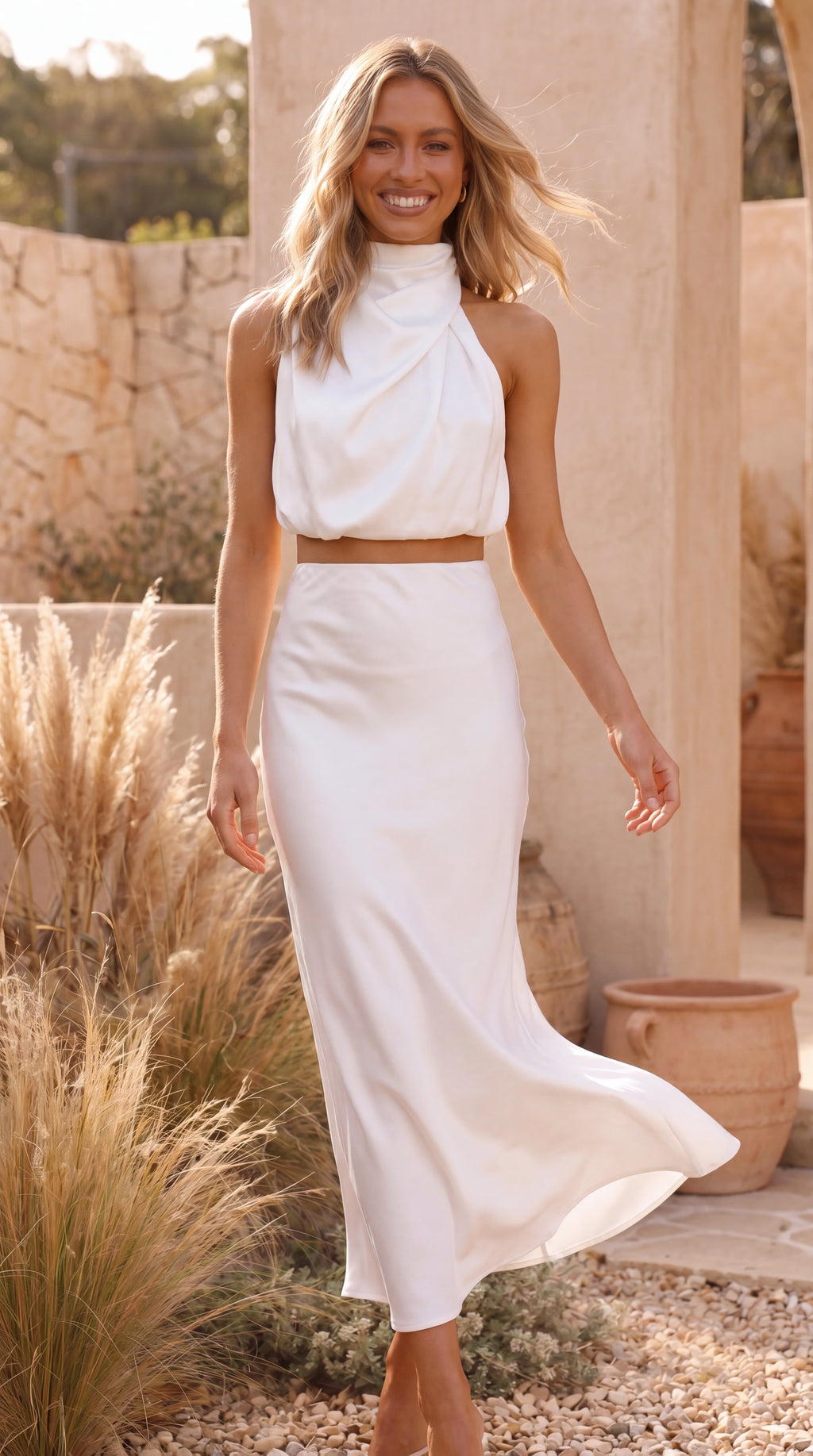 Women's Two Piece Set | Satin High Neck Top Draped Maxi Skirt Co-ord