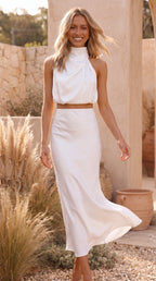 Women's Two Piece Set | Satin High Neck Top Draped Maxi Skirt Co-ord