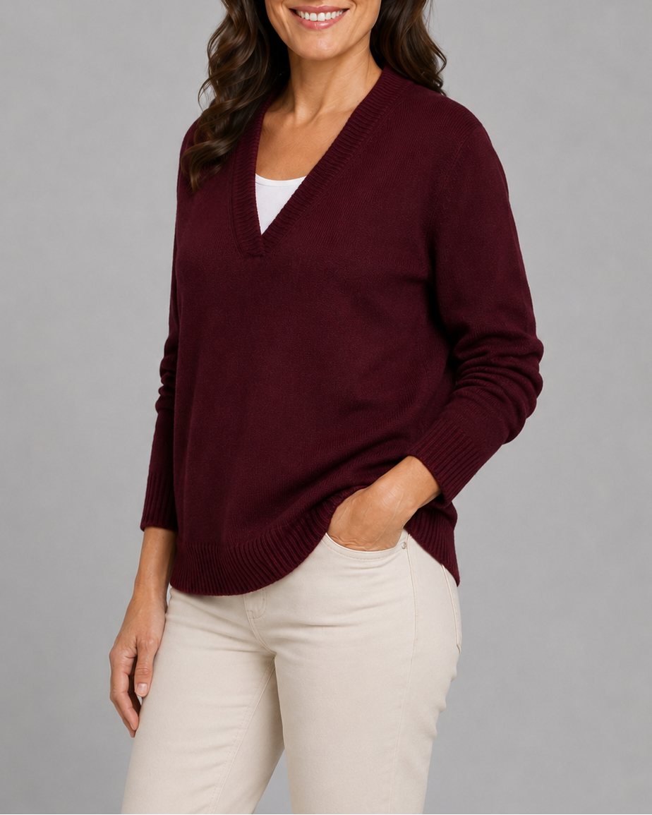Women's V-Neck Knit Jumper with Ribbed Cuffs and Hem