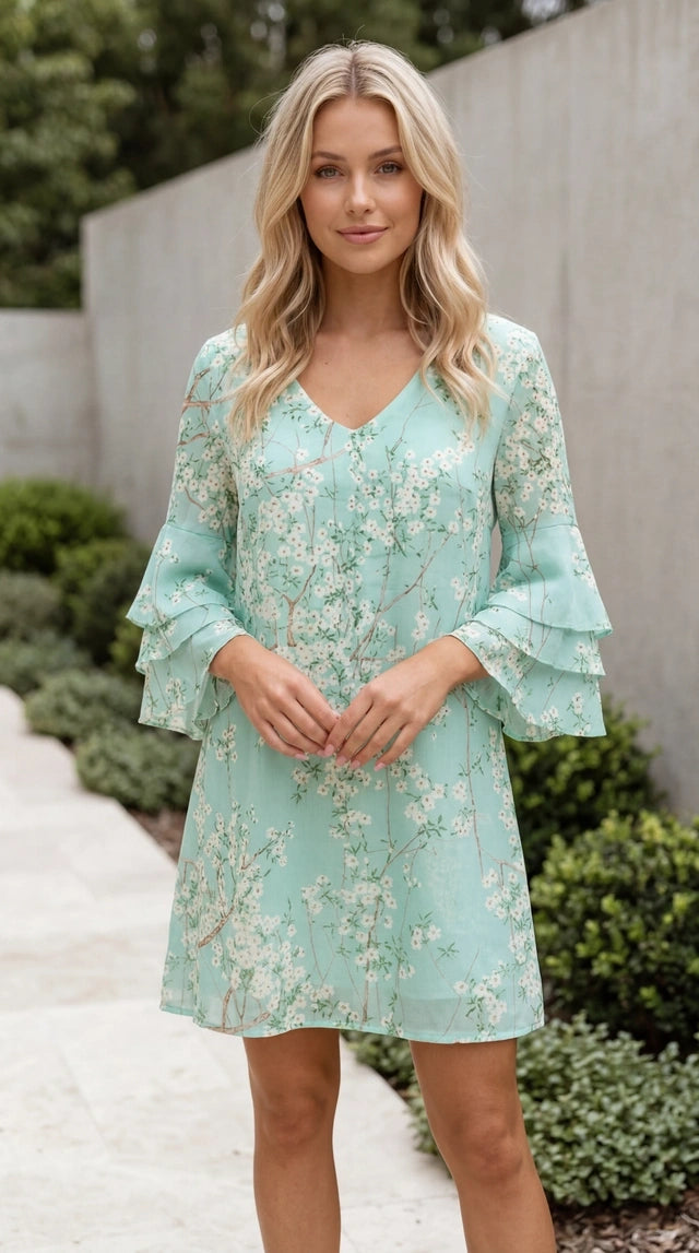 Women’s V Neck Bell Sleeve Boho Print Mini Dress
