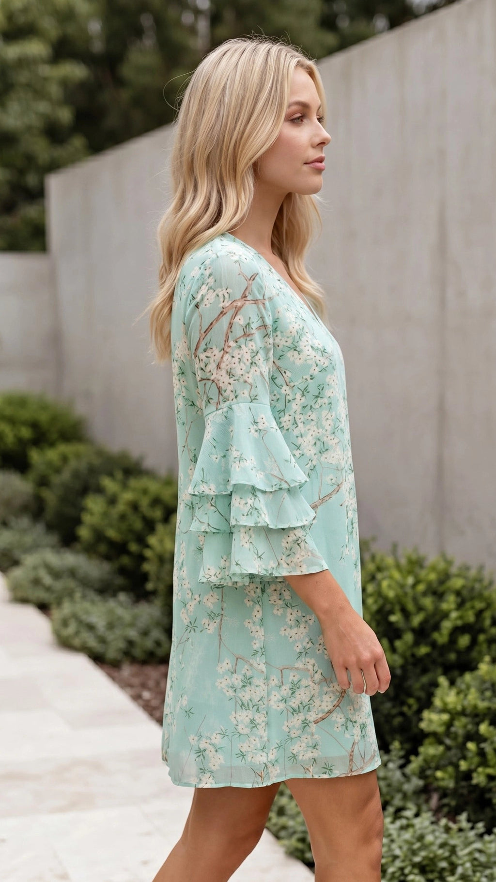 Women’s V Neck Bell Sleeve Boho Print Mini Dress