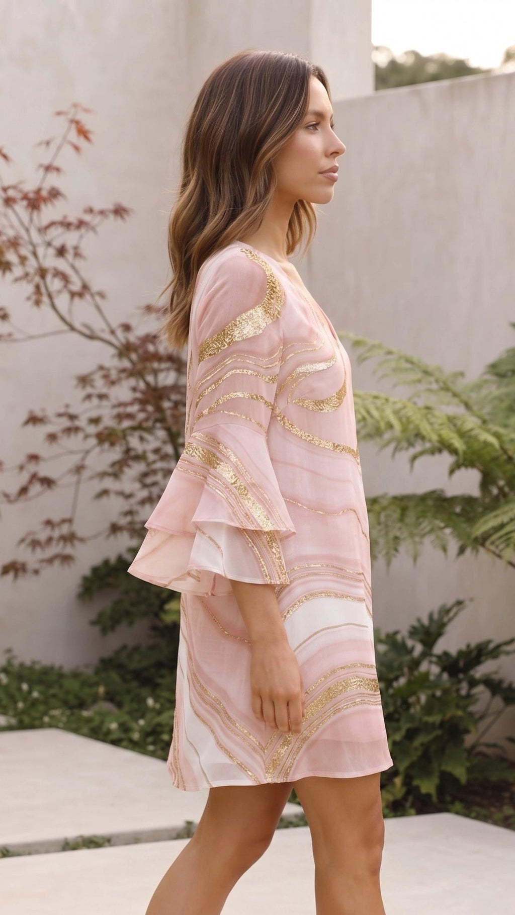 Women’s V Neck Bell Sleeve Boho Print Mini Dress