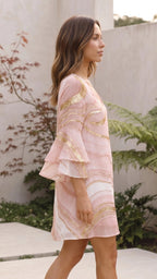 Women’s V Neck Bell Sleeve Boho Print Mini Dress