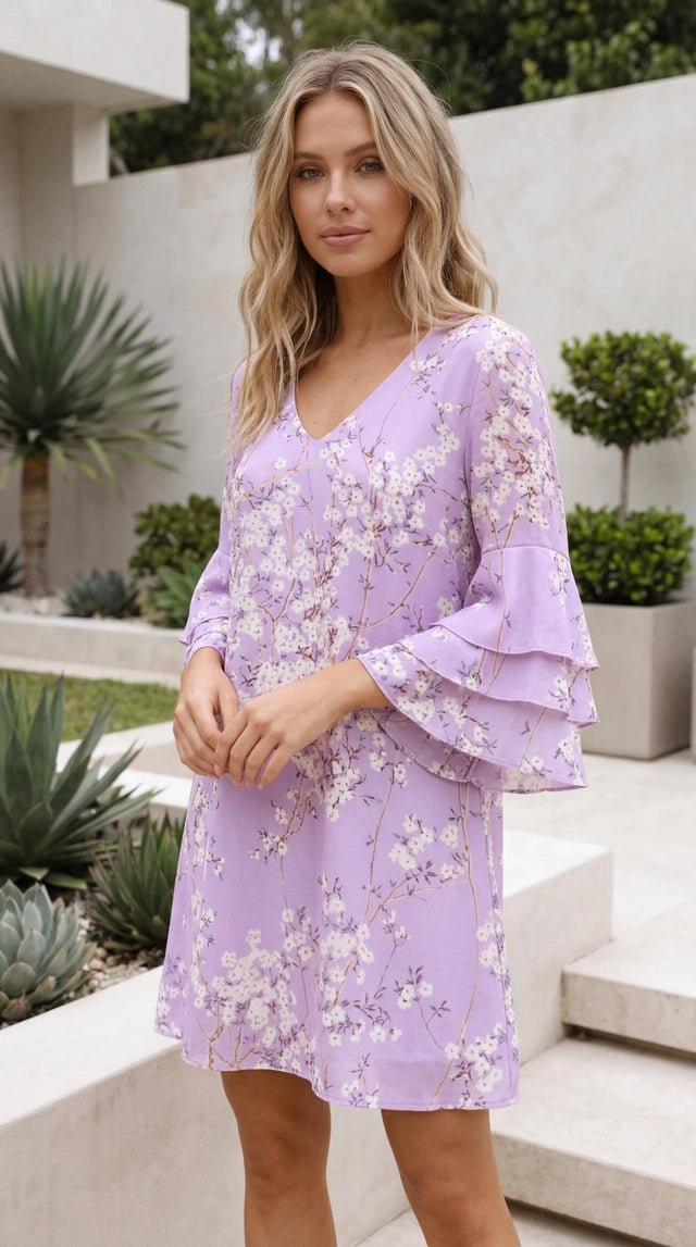 Women’s V Neck Bell Sleeve Boho Print Mini Dress