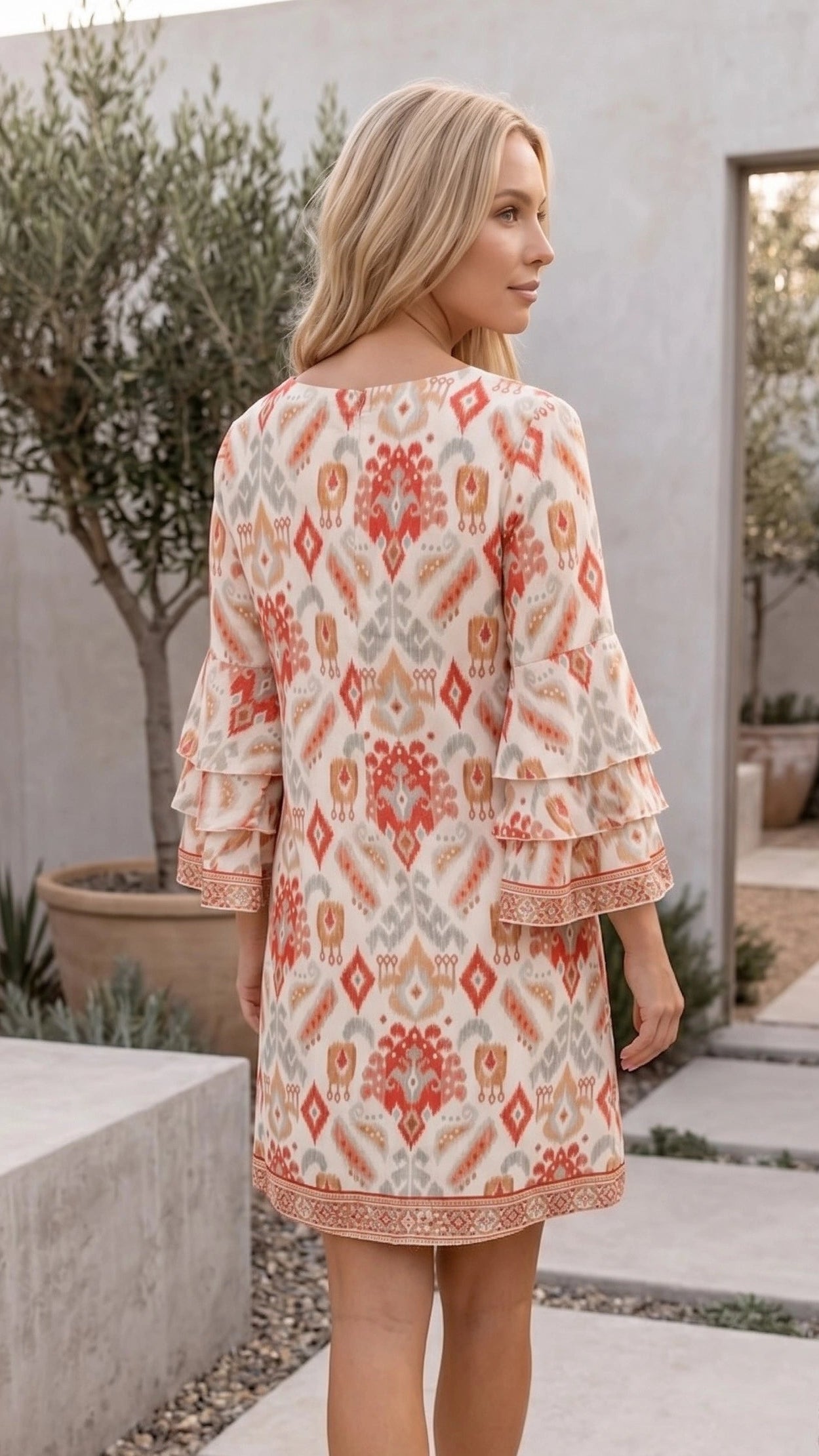 Women’s V Neck Bell Sleeve Boho Print Mini Dress