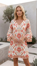 Women’s V Neck Bell Sleeve Boho Print Mini Dress