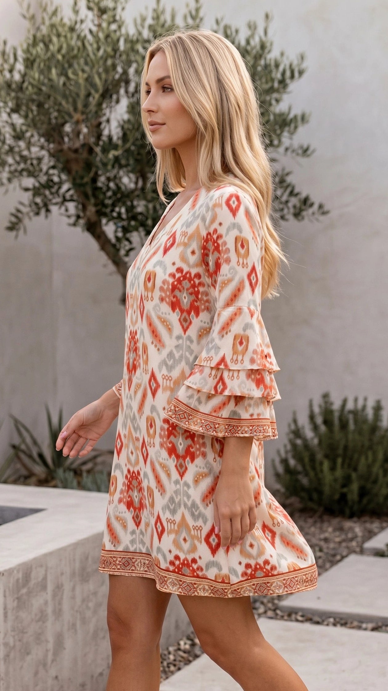 Women’s V Neck Bell Sleeve Boho Print Mini Dress