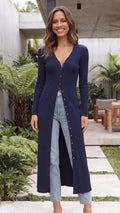 Women's V Neck Button Front Fitted Ribbed Knit Maxi Cardigan