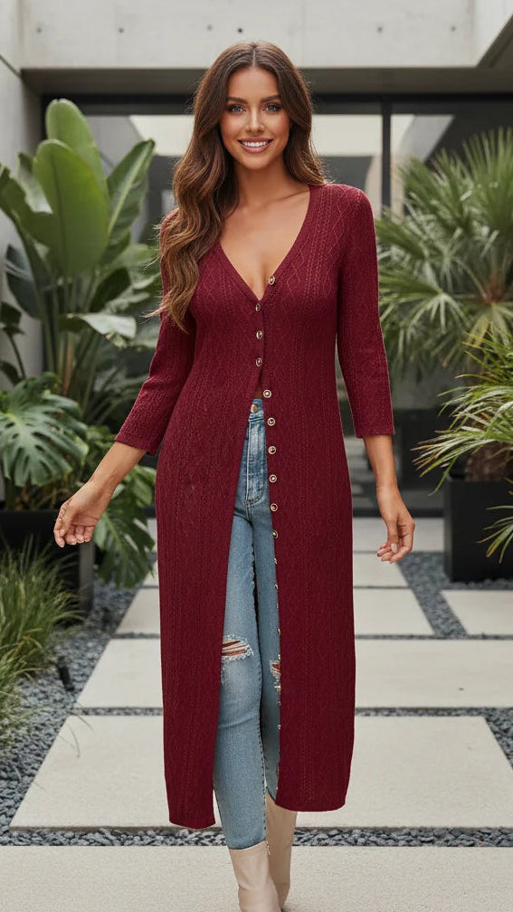 Women's V Neck Button Front Fitted Ribbed Knit Maxi Cardigan