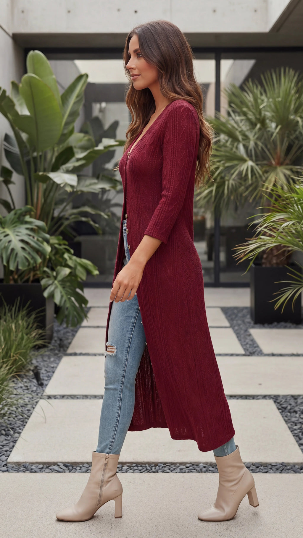 Women's V Neck Button Front Fitted Ribbed Knit Maxi Cardigan