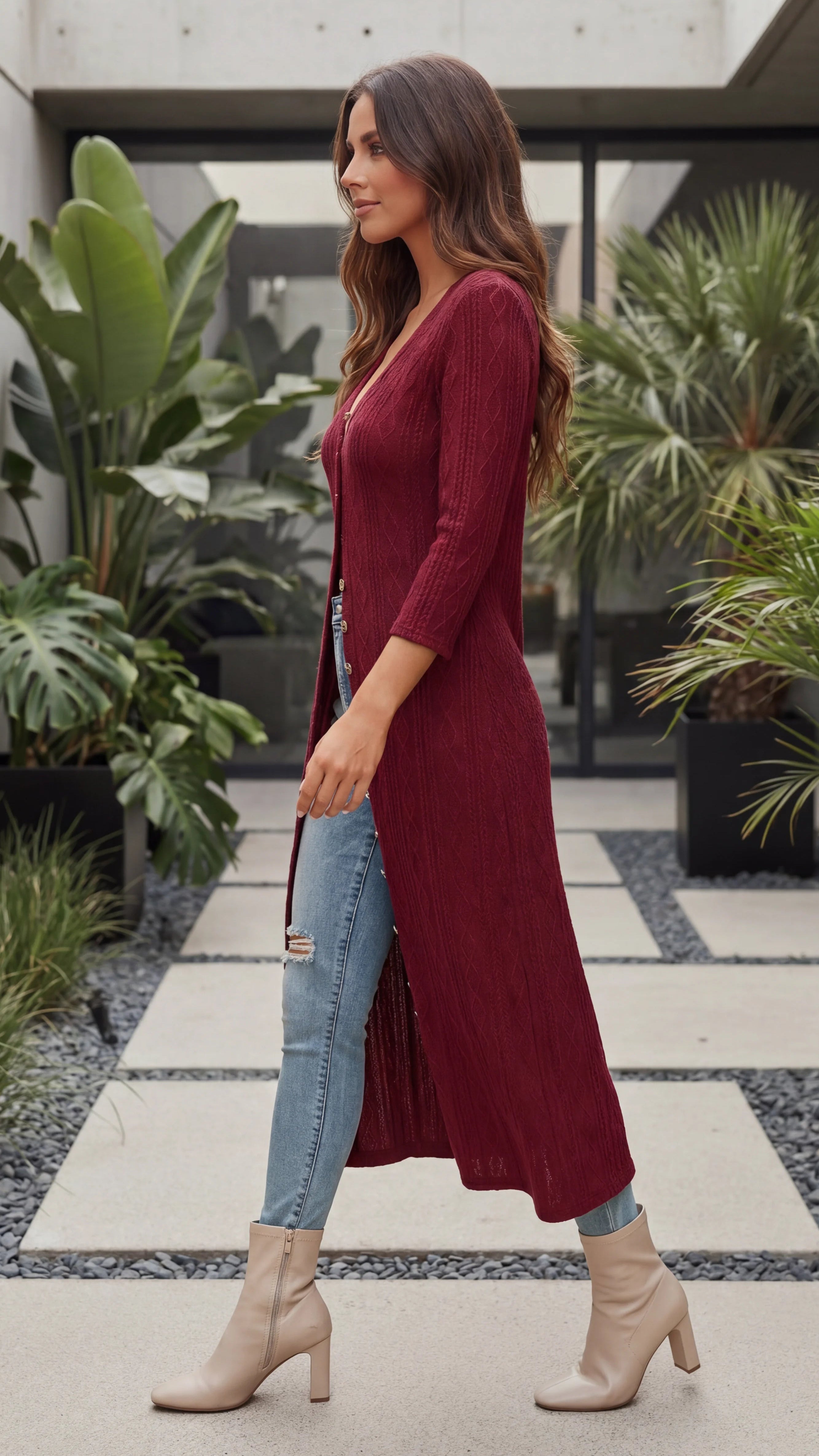 Women's V Neck Button Front Fitted Ribbed Knit Maxi Cardigan
