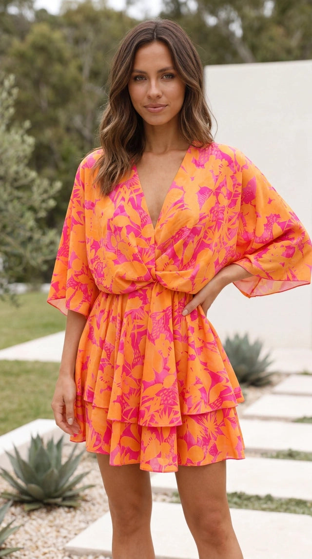 Women's V Neck Floral Print Tiered Mini Dress