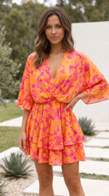 Women's V Neck Floral Print Tiered Mini Dress