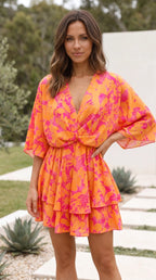 Women's V Neck Floral Print Tiered Mini Dress
