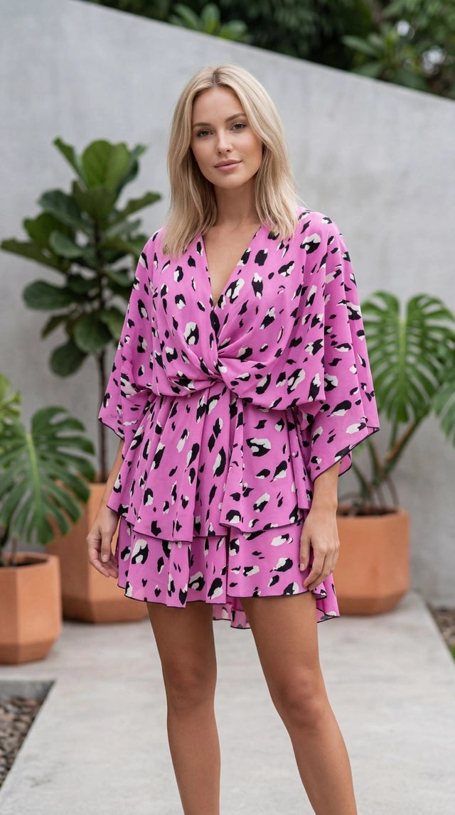 Women's V Neck Floral Print Tiered Mini Dress