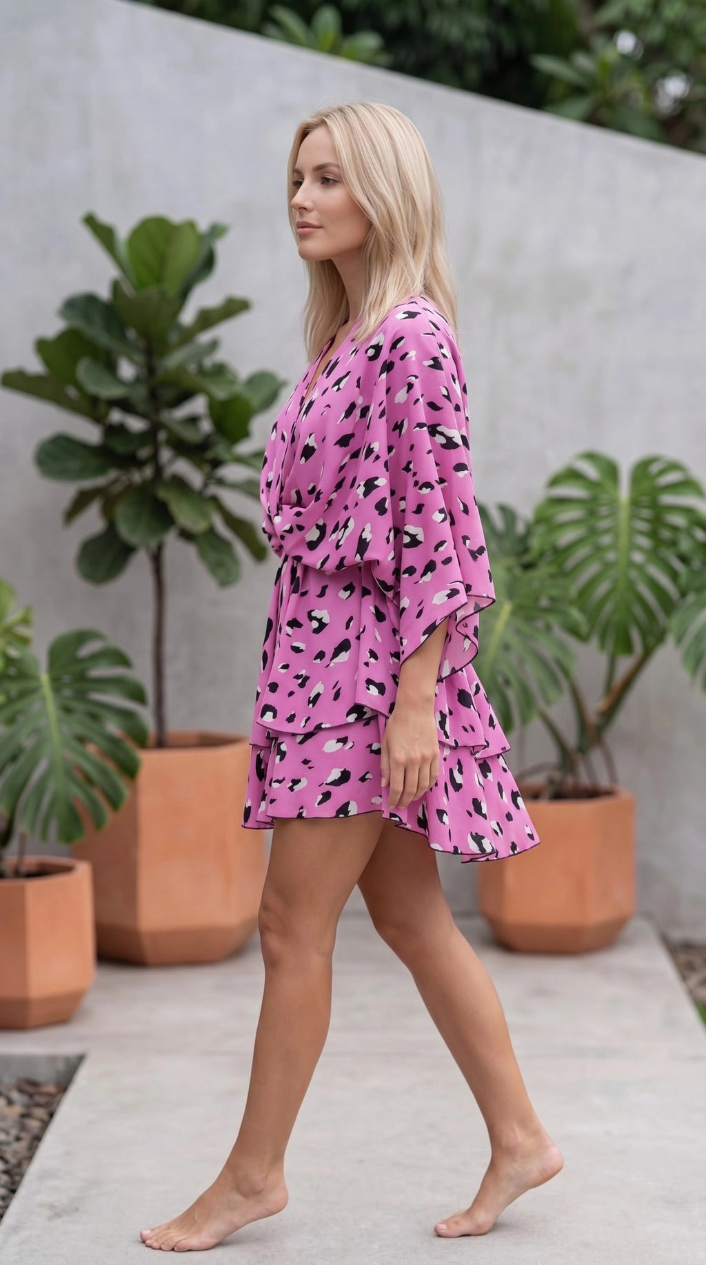 Women's V Neck Floral Print Tiered Mini Dress