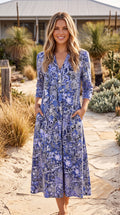 Women's V Neck Long Sleeve Floral Print Midi Dress