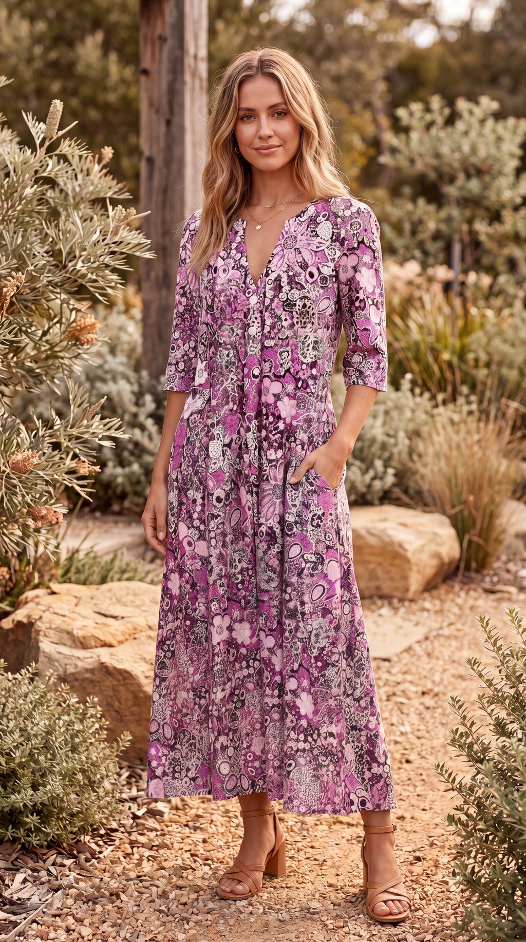 Women's V Neck Long Sleeve Floral Print Midi Dress
