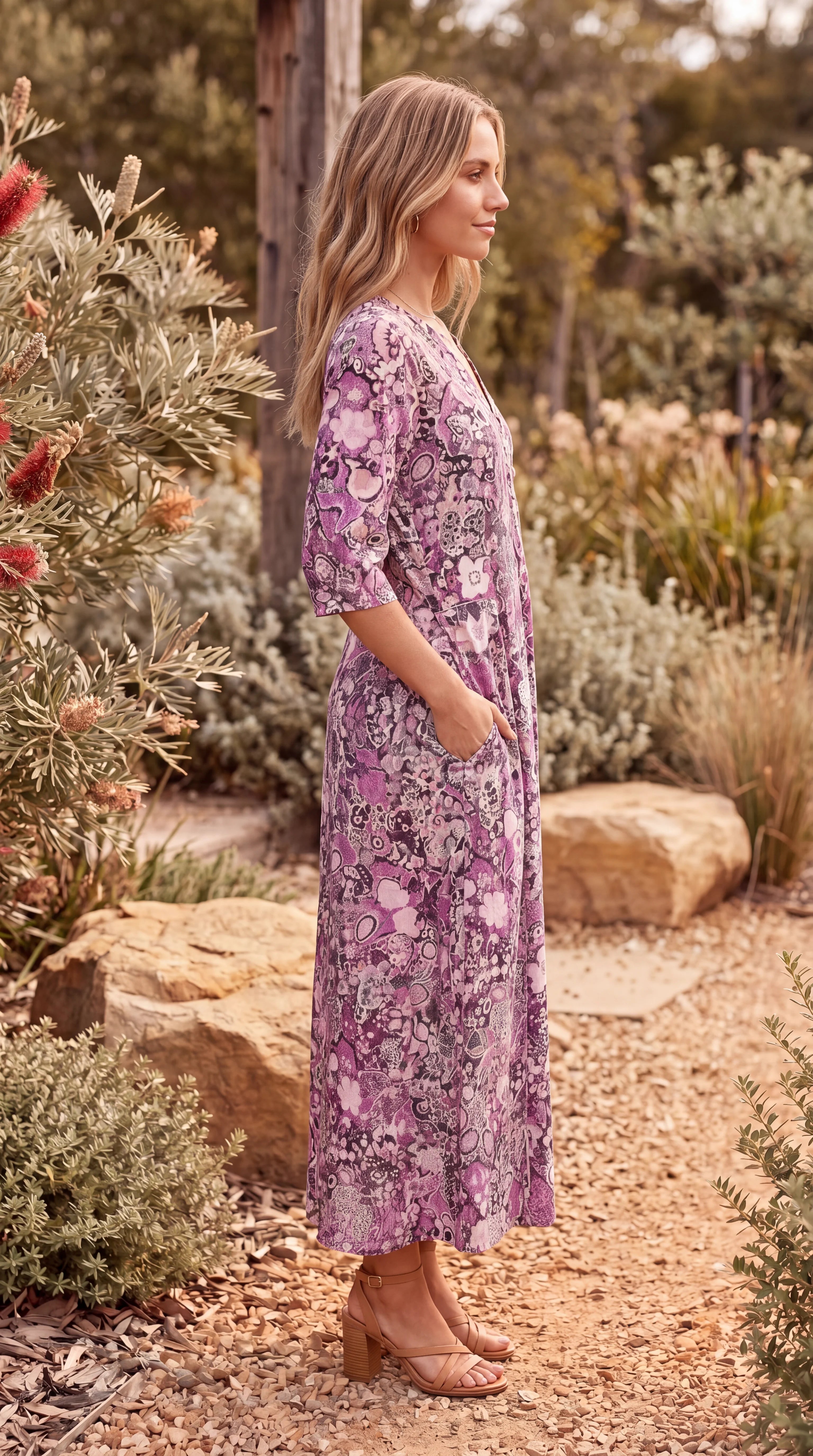 Women's V Neck Long Sleeve Floral Print Midi Dress
