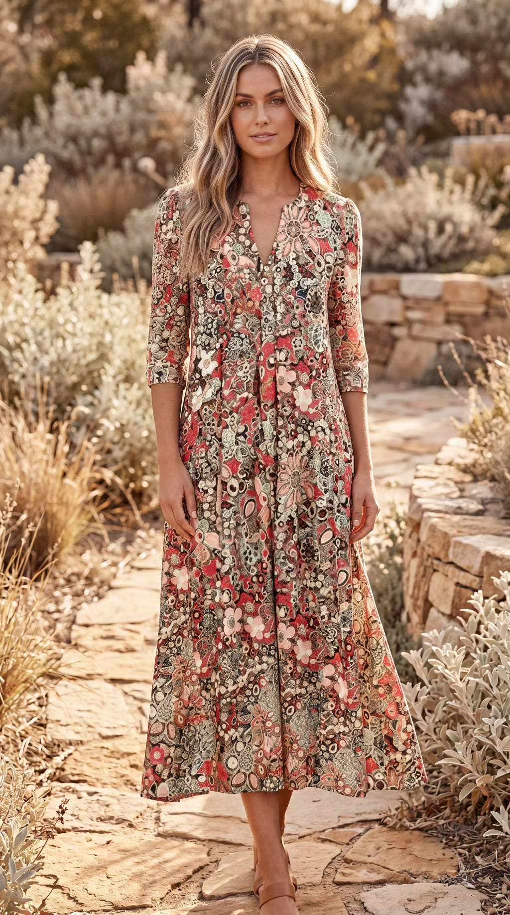 Women's V Neck Long Sleeve Floral Print Midi Dress