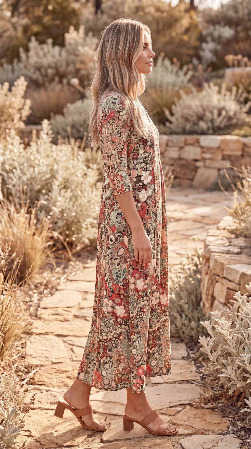 Women's V Neck Long Sleeve Floral Print Midi Dress