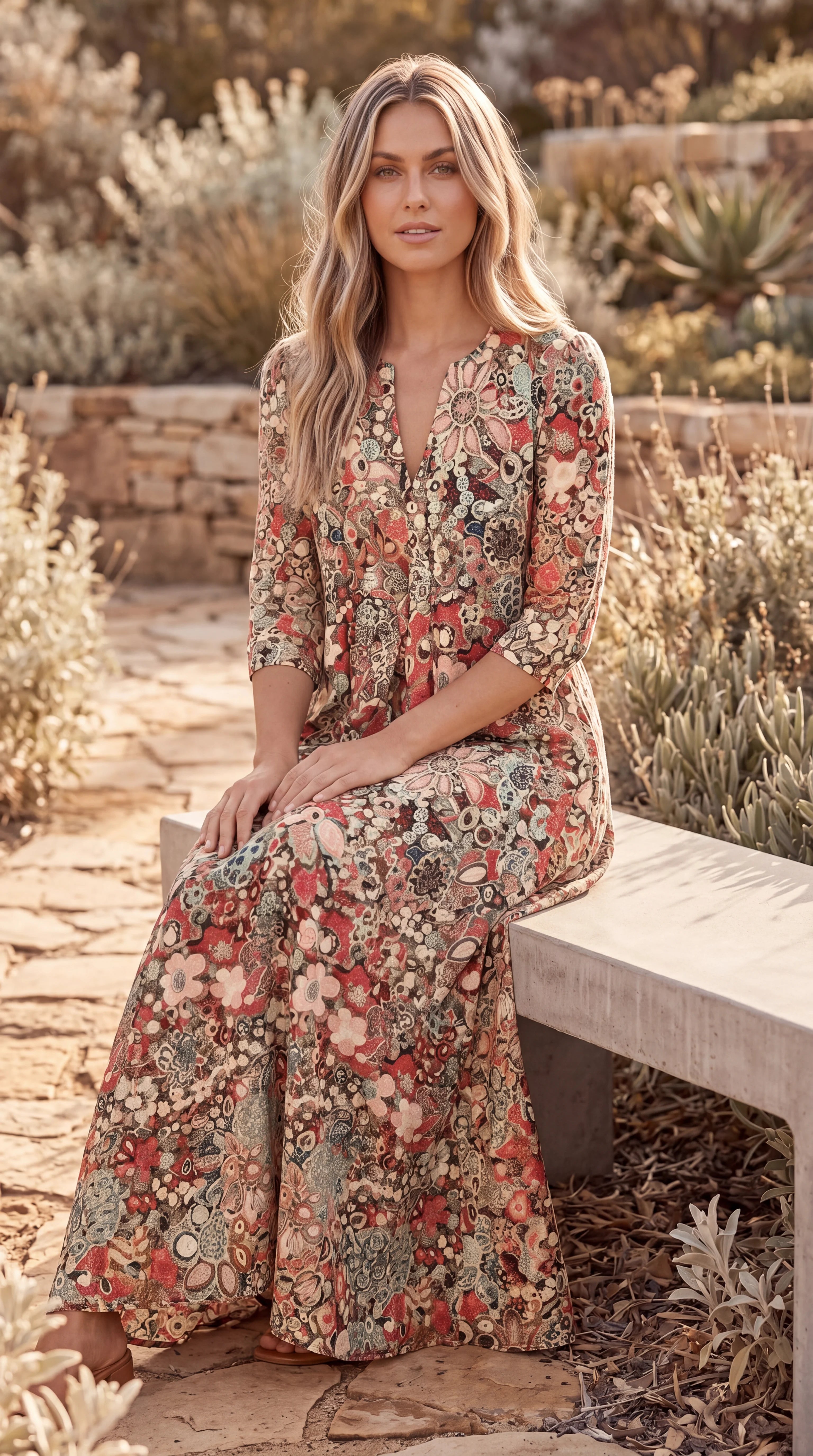 Women's V Neck Long Sleeve Floral Print Midi Dress