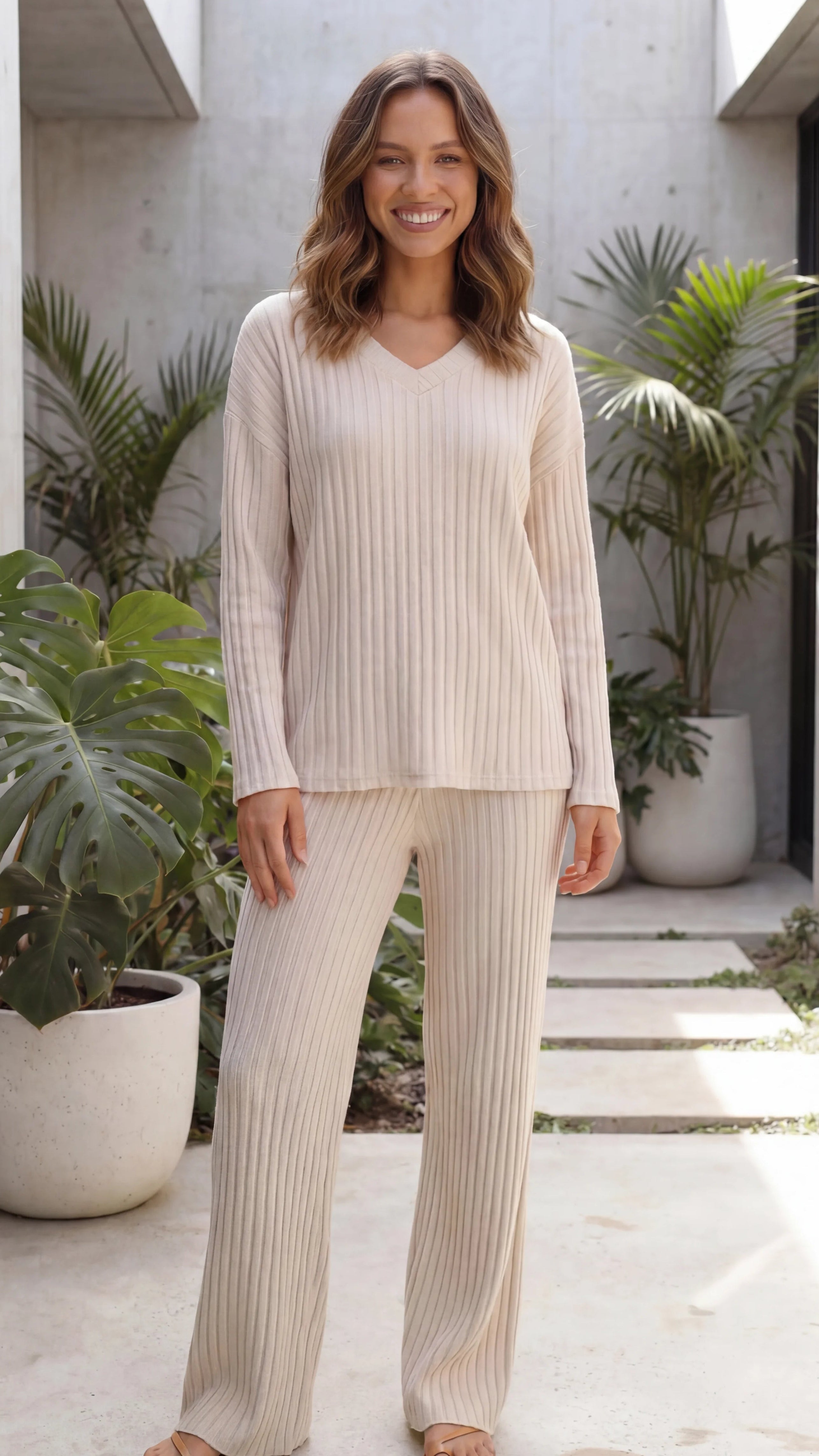 Women's Ribbed Knit Sweater and Wide Leg Trouser Matching Co-Ord Lounge Set