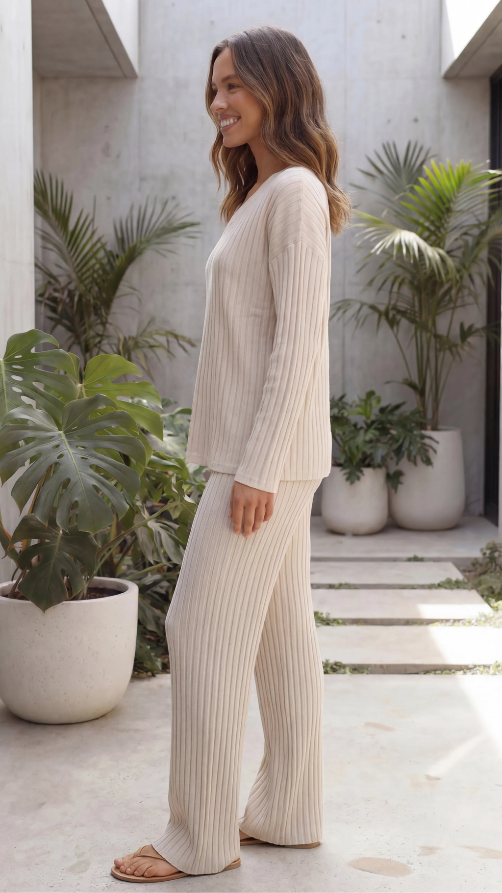 Women's Ribbed Knit Sweater and Wide Leg Trouser Matching Co-Ord Lounge Set