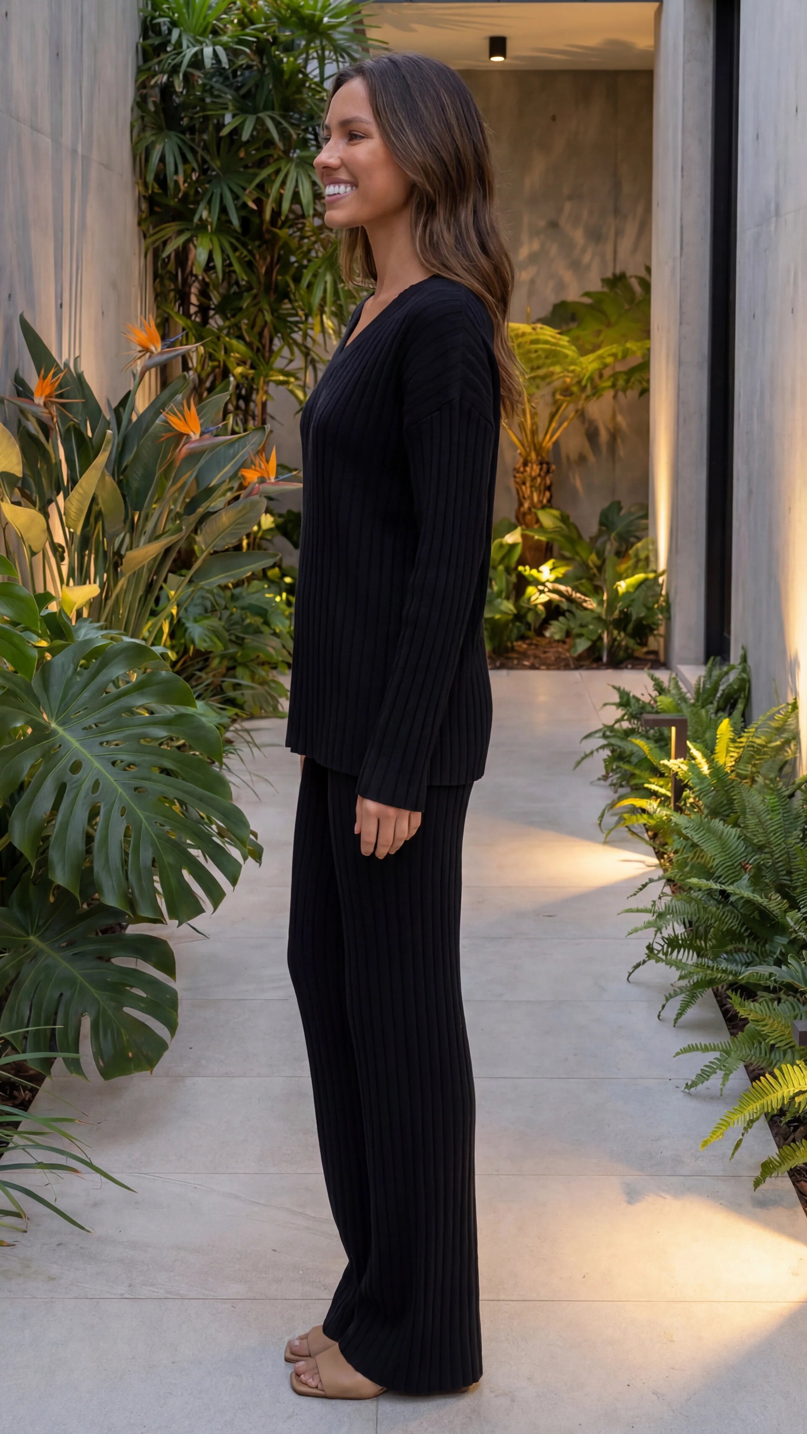 Women's Ribbed Knit Sweater and Wide Leg Trouser Matching Co-Ord Lounge Set