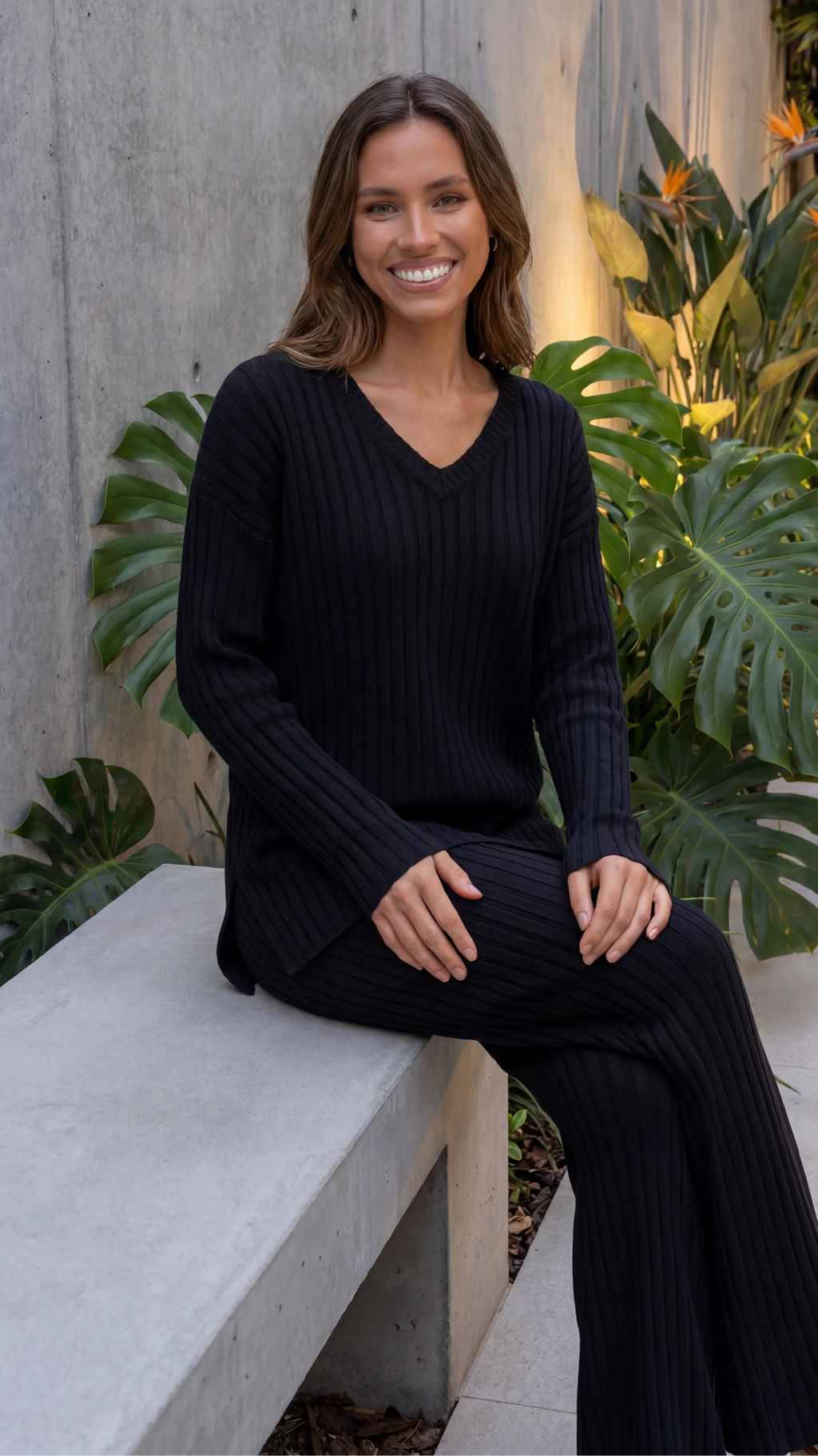 Women's Ribbed Knit Sweater and Wide Leg Trouser Matching Co-Ord Lounge Set