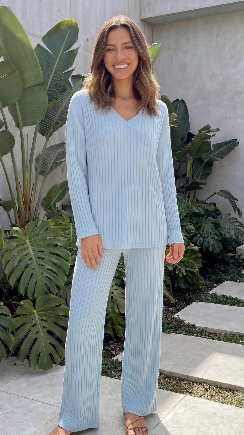 Women's Ribbed Knit Sweater and Wide Leg Trouser Matching Co-Ord Lounge Set