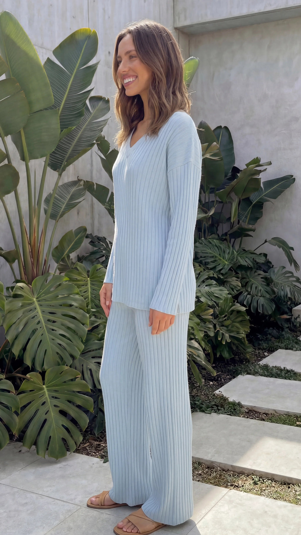 Women's Ribbed Knit Sweater and Wide Leg Trouser Matching Co-Ord Lounge Set