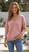 Women's V Neck Long Sleeve Relaxed Fit Knit Sweater