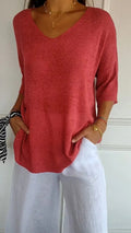 Women's V Neck Ribbed Sleeve Knit Top