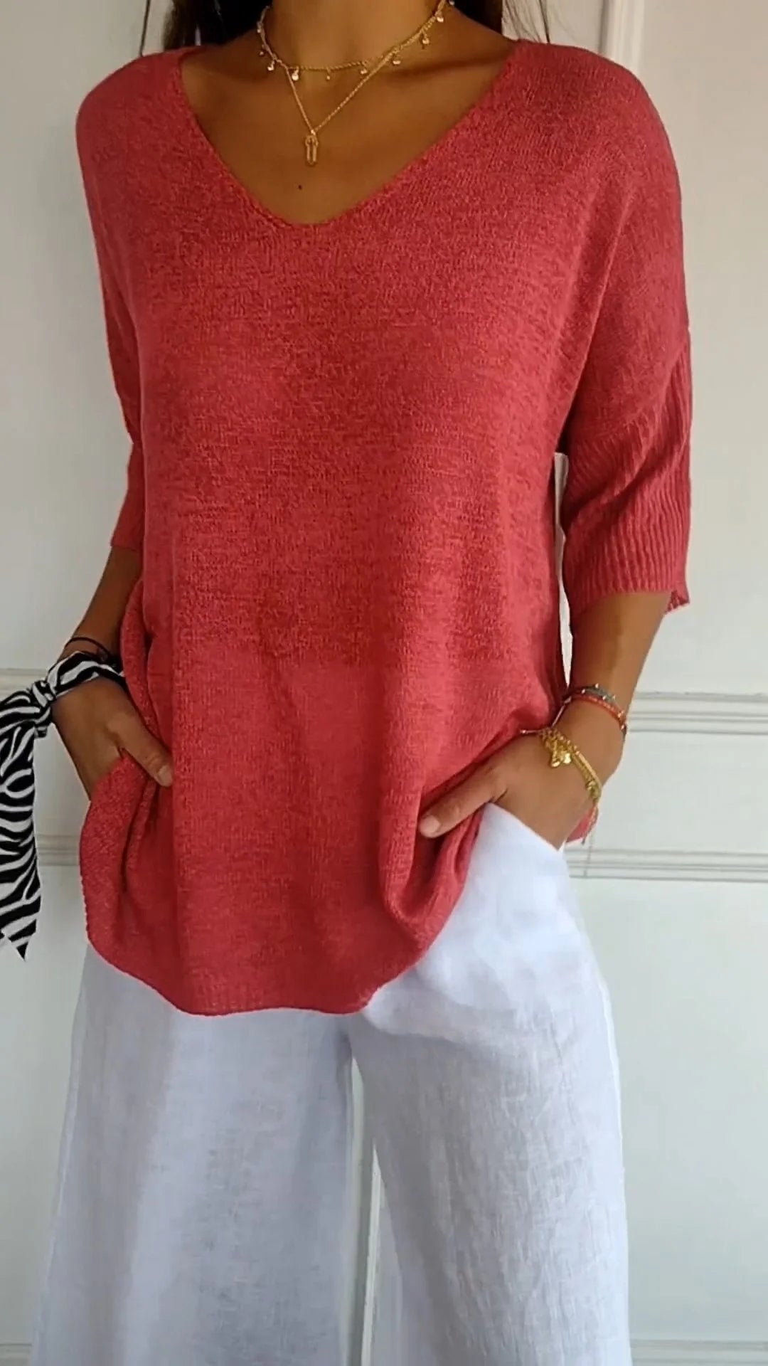 Women's V Neck Ribbed Sleeve Knit Top