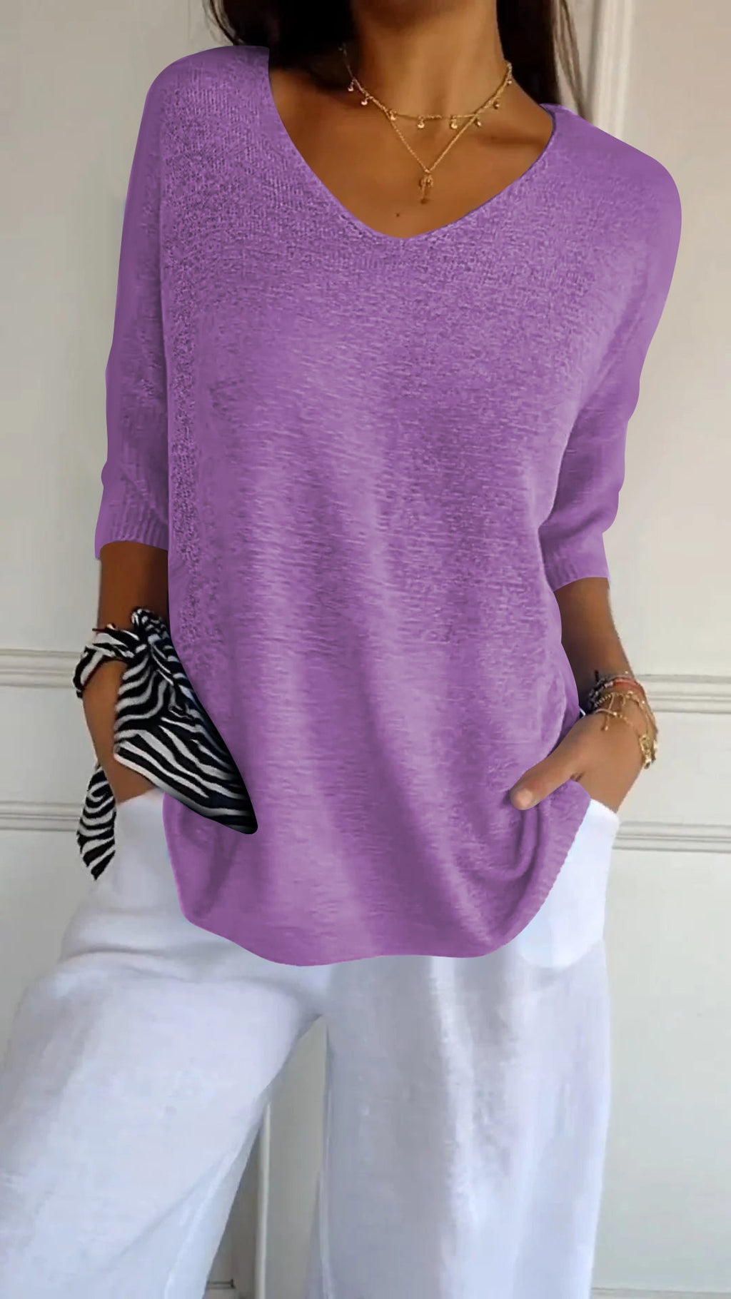 Women's V Neck Ribbed Sleeve Knit Top