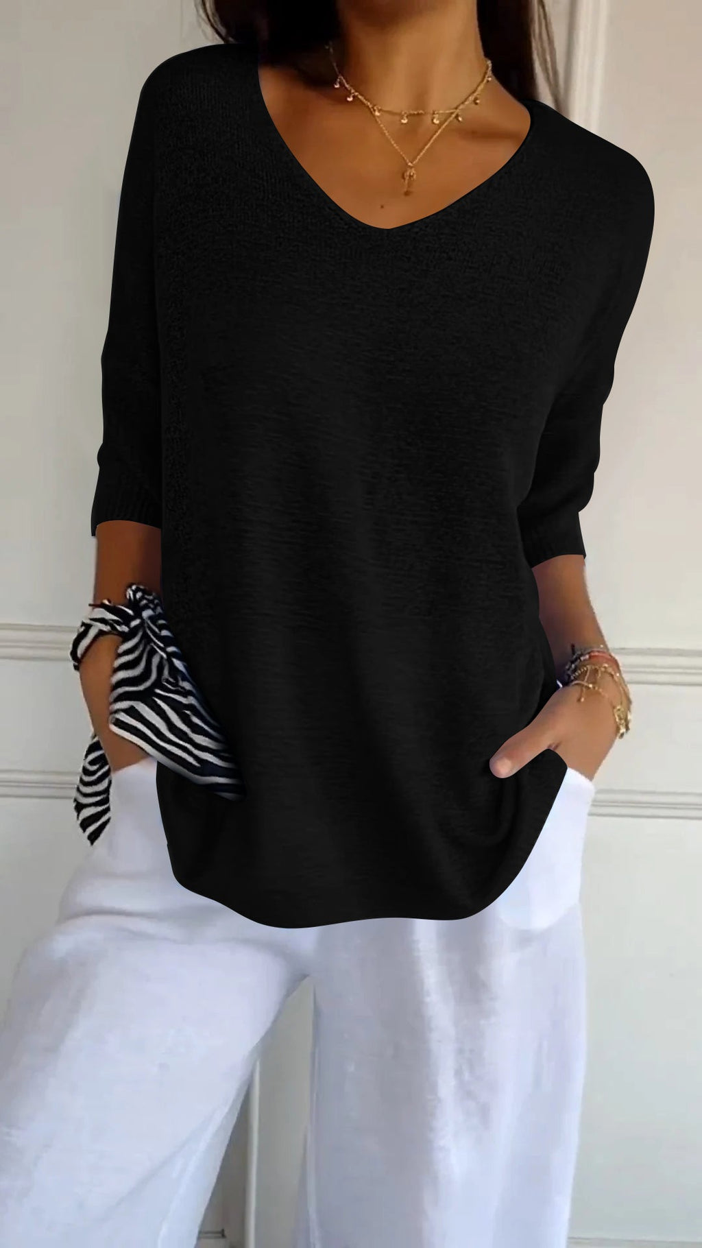 Women's V Neck Ribbed Sleeve Knit Top