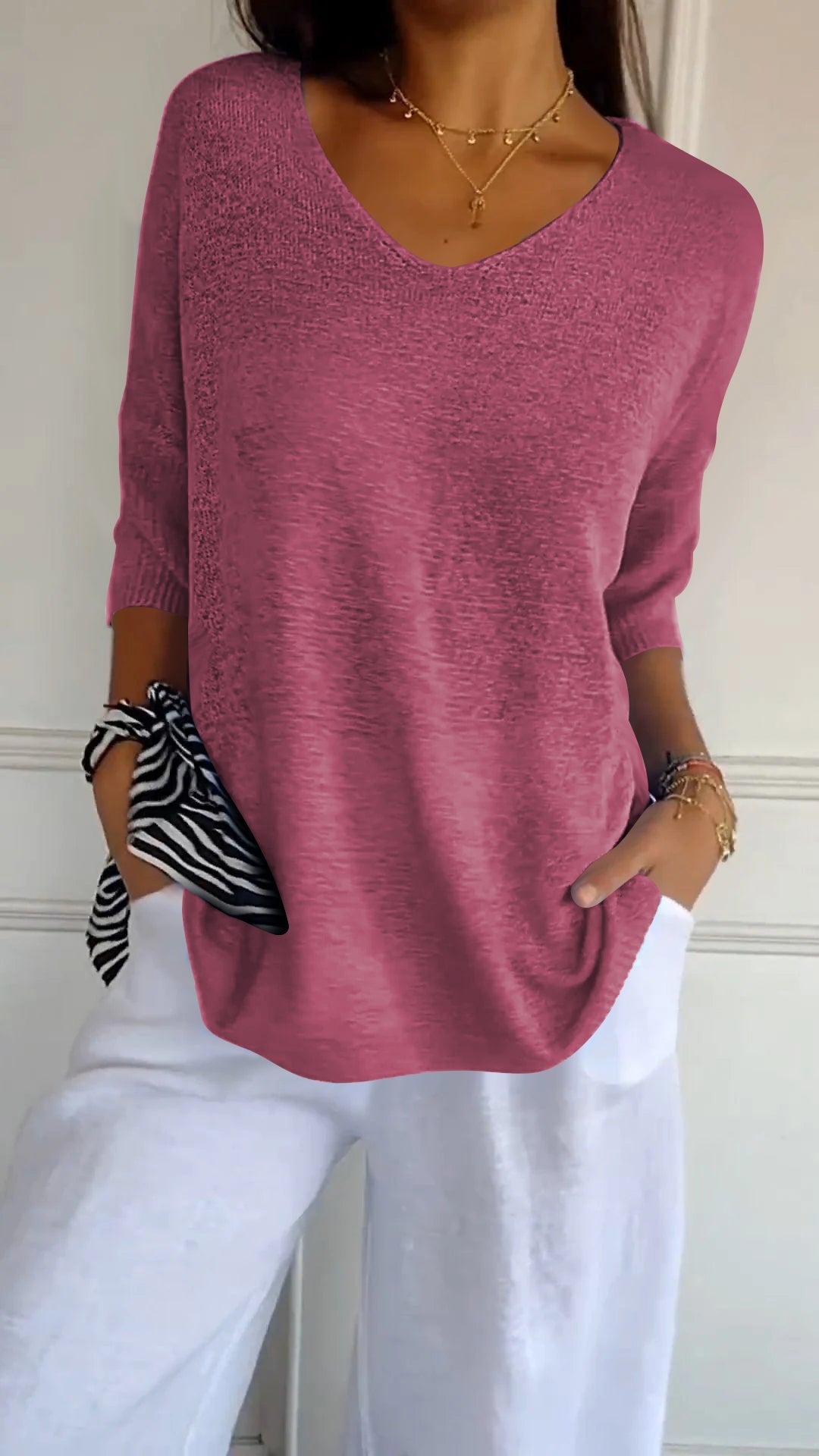 Women's V Neck Ribbed Sleeve Knit Top