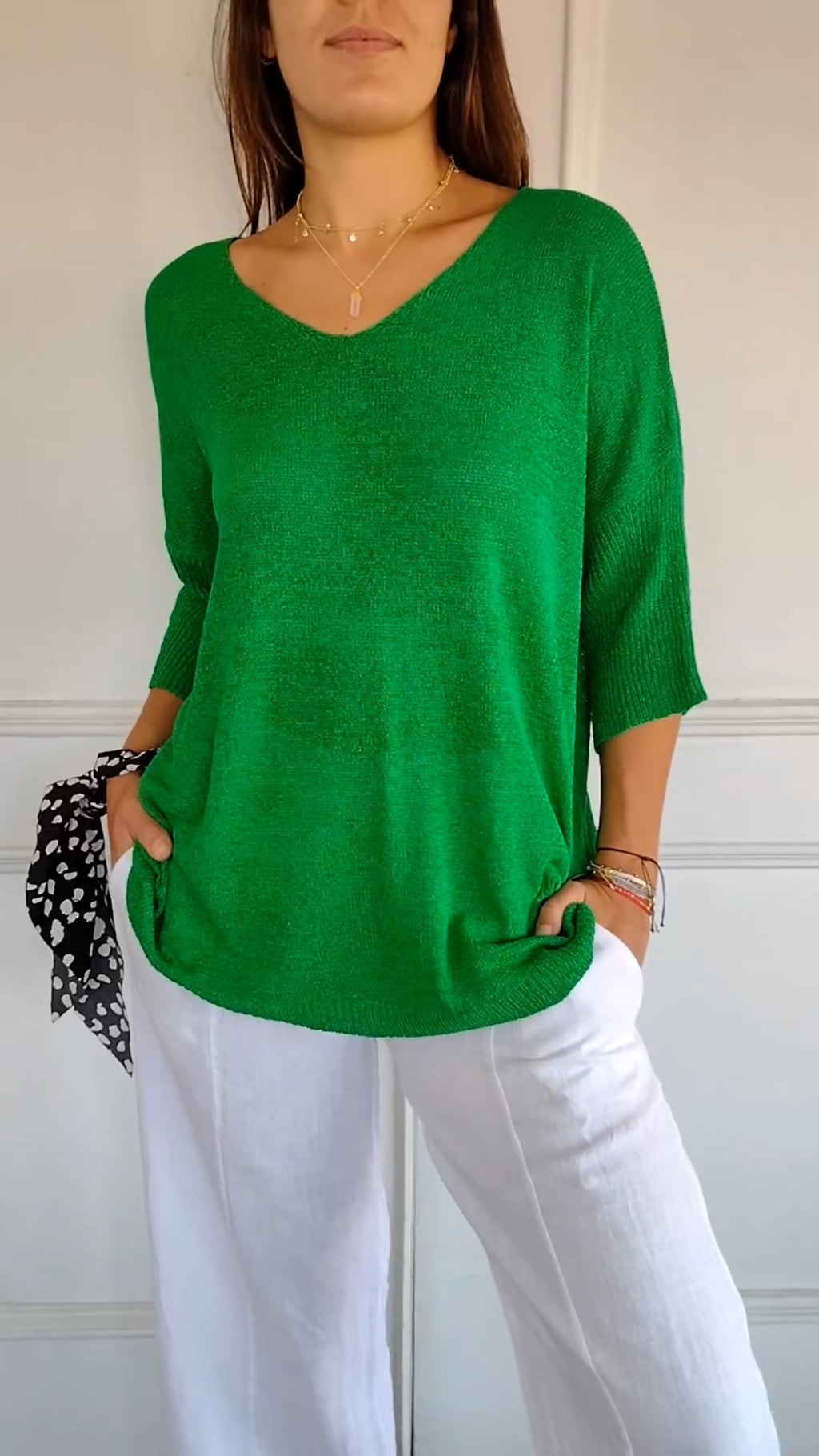 Women's V Neck Ribbed Sleeve Knit Top
