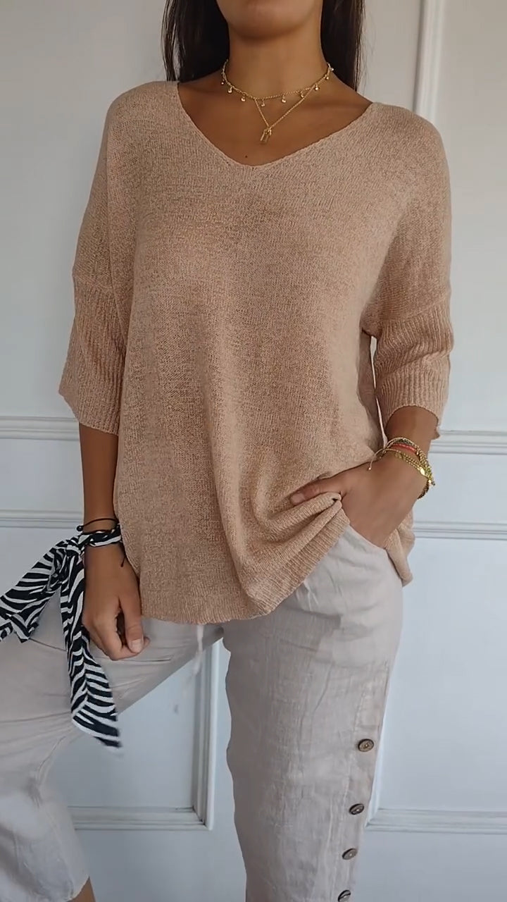 Women's V Neck Ribbed Sleeve Knit Top
