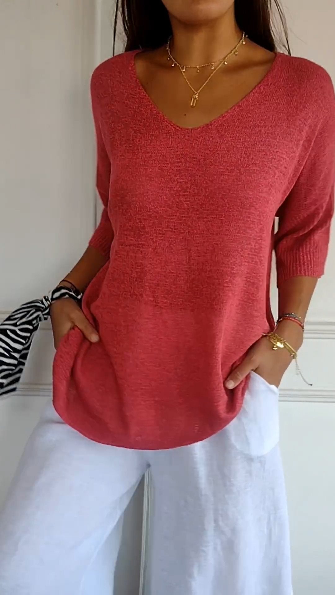 Women's V Neck Ribbed Sleeve Knit Top