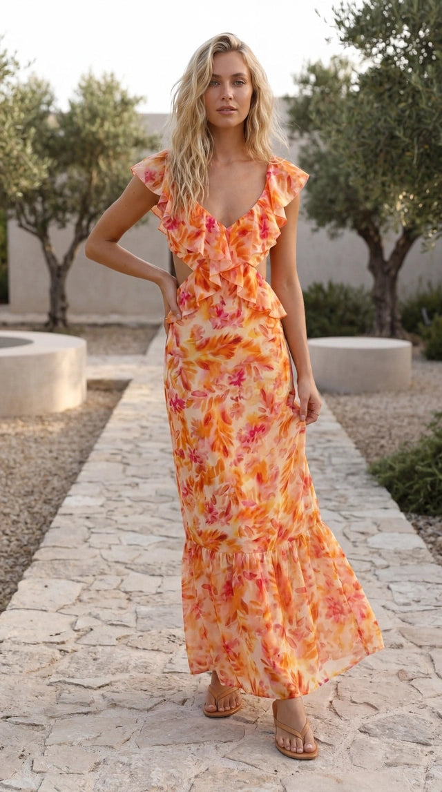 Women’s V Neck Ruffle Floral Cocktail Maxi Dress