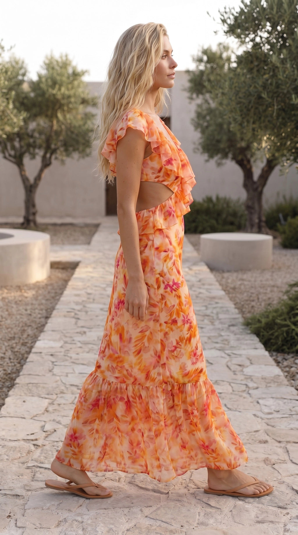 Women’s V Neck Ruffle Floral Cocktail Maxi Dress